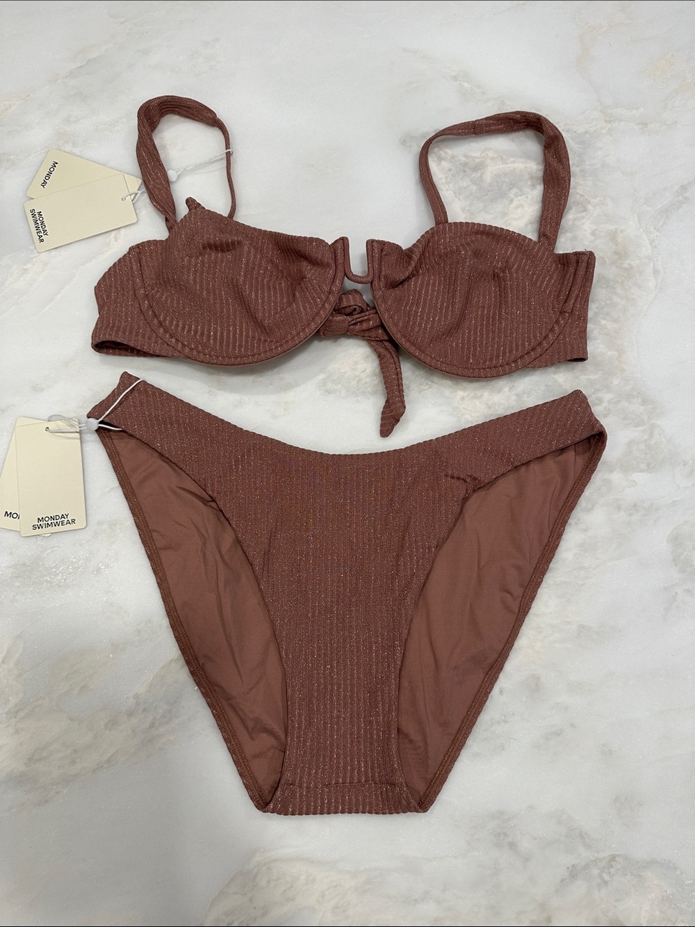 Monday Swimwear Shimmer Mauve Ribbed Underwire Bikini Set